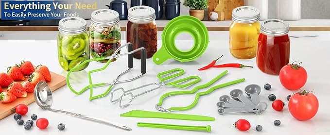 Canning Supplies Starter Kit,Canning Kit for Beginners of 9 with Jar Lifter，Wide Mouth Funnel,Wrench,Tongs,Lid Lifter,Bubble Popper,Canning Labels,ladle,Measuring spoon-Neon Green