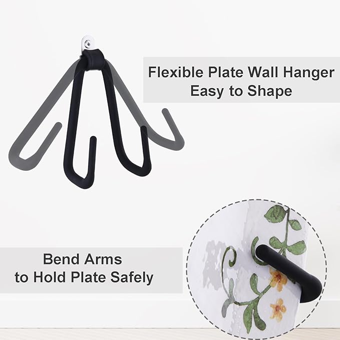 Wall Plate Hangers for 6-12 inches Plate, Adjustable Plate Stand Holder, Silicone Coating Vertical Plate Display, Black Small Size 4 Pack