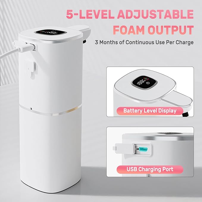 Automatic Soap Dispenser Liquid Touchless,Wall USB Rechargeable 5-Level Adjustable,Large Capacity 12.17oz/360mL Smart Hand Soap Dispenser for Kitchen Bathroom Kids Family