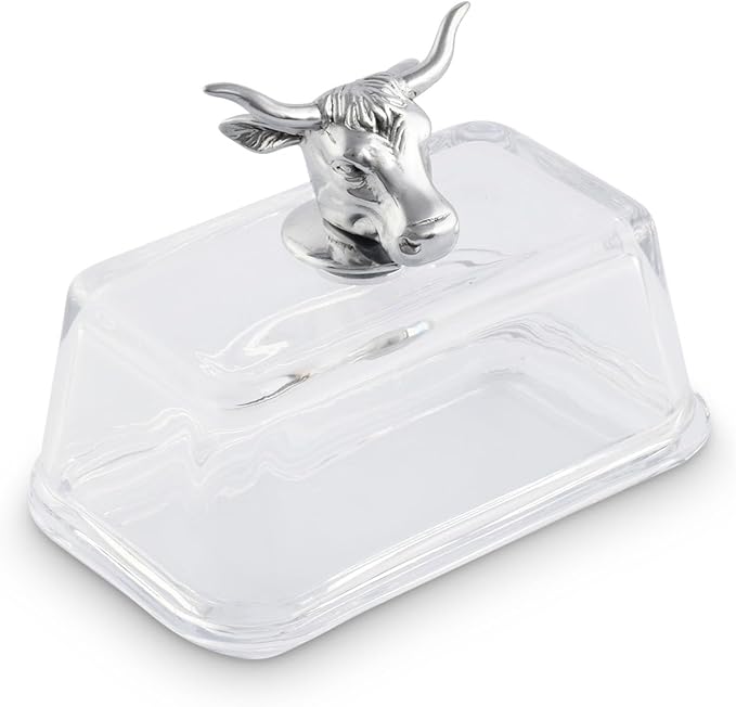 Arthur Court Glass Butter Dish with Lid Cow Head Knob | Classic 2-Piece Design Covered Butter Keeper | Covers and Holds a Standard Stick of Butter | Farmhouse Chic Décor