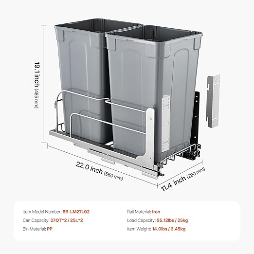 VEVOR Pull-Out Trash Can, 27 QT x2 Double Under Mount Kitchen Waste Container, Heavy Duty Garbage Recycling Bin with Door Kit and Soft Close Slide, for Kitchen Cabinet, Sink, Under Counter (Grey)