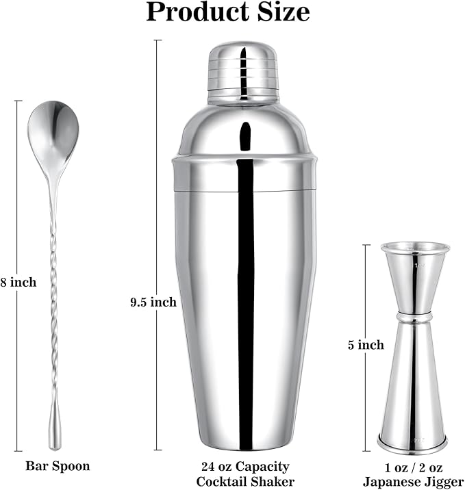 BARsics 24oz Stainless Steel Bar Cocktail Shaker, 1oz/2oz Jigger and 8" Mixing Spoon
