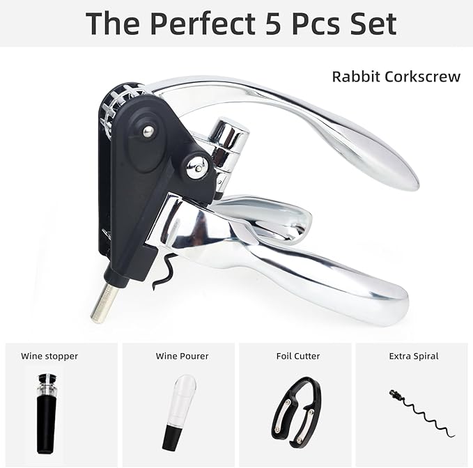 Rabbit Wine Opener Set with Luxury Gift Box, 5-Piece Gift Kit Includes Corkscrew, Foil Cutter, Bottle Stopper, Wine Pourer, Easy Cork Removal, Perfect for Wine Lovers (Moonlight Silver)
