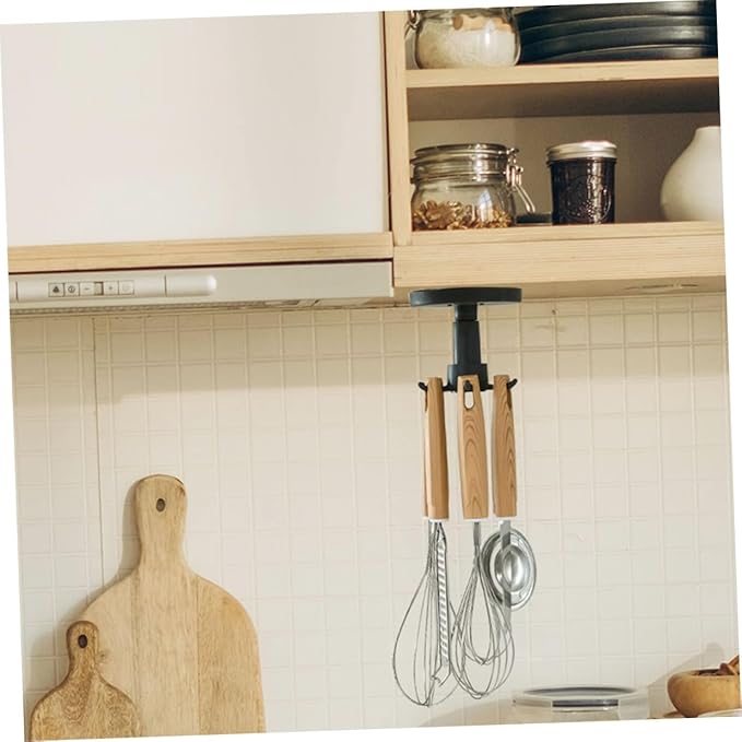 TOYANDONA 3pcs Kitchen Utensil Hooks Set with Rotating Black Hanging Organizer, Nail-Free Under Cabinet Cooking Sundries Holder for Spoon, Spatula, and Ladle Storage