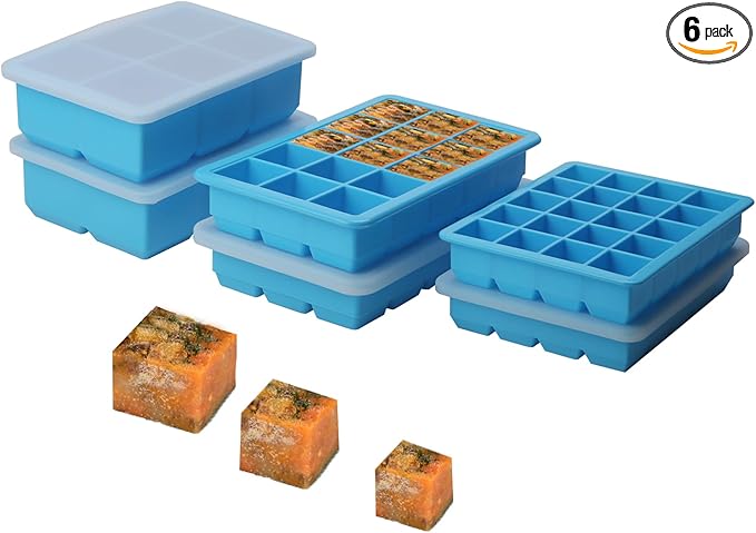 1/2-Cup & 2 Tbsp & 1 Tbsp Silicone Freezer Molds - Perfect for Storing Garlic, Herbs, Ginger, Pesto, Tomato Paste, Freezing Soup,Stews,Sauces,Purees and More - Silicone Food Freezer Tray(Blue 6 Pack)