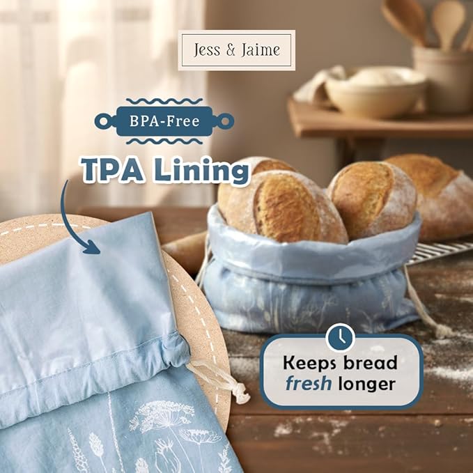 Reusable Bread Bags with Drawstring | XL Pack of 3 | Eco-Friendly Washable Linen Bread Bag & Spacious Sourdough Bread Storage | Bread Bags Reusable Keeps Your Loaf Fresh | Flower Design