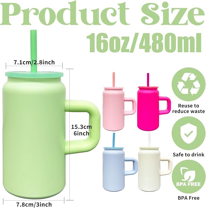 8 Pack 16 oz Sublimation Tumblers with Handle and Straw for Kids, Stainless Steel Sublimation Tumblers Bulk with Lids, Vacuum Insulated Iced Coffee Cups for DIY Craft Heat Press Print (Green,8 pack)