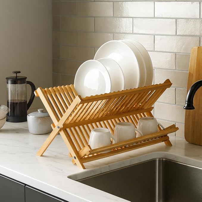 HIC Kitchen Bamboo Folding Dish Drying Rack, 20.5 x 13-Inches