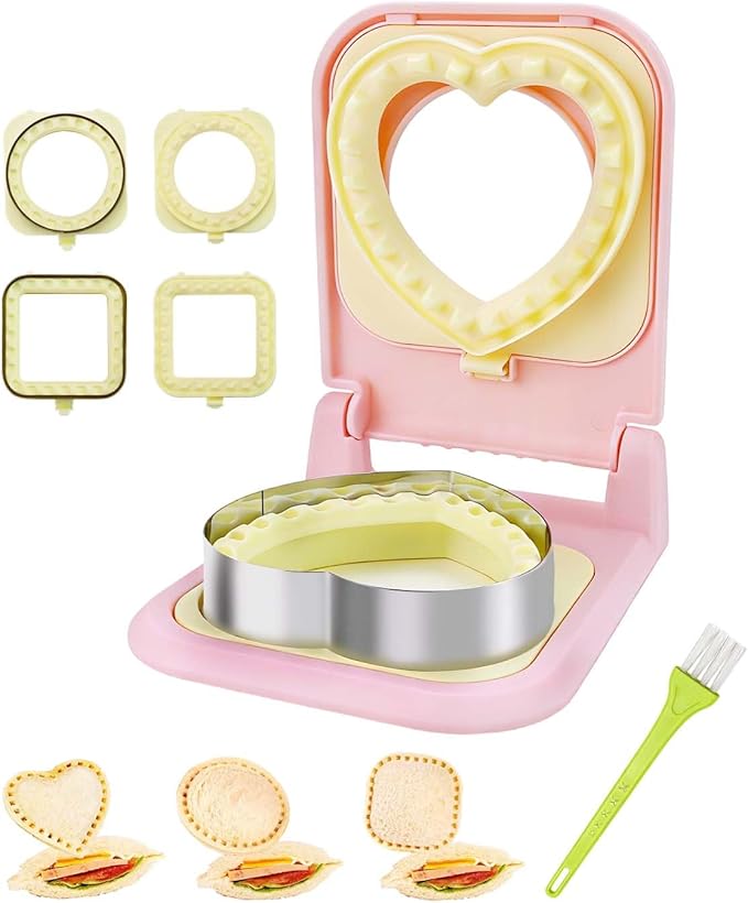 3-in-1 Uncrustable Sandwich Maker - Heart/Circle/Square Crustless Sandwich Cutter & Sealer for Kids' Lunch, Breakfast & Lunchboxes | BPA-Free Uncrustable Press, Easy Clean (3-Shape Pink)