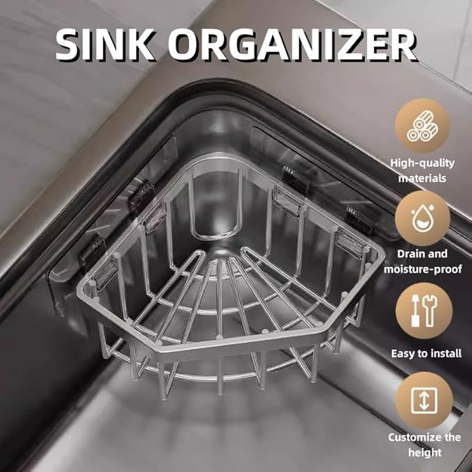 Wall Mounted Sink Caddy Organizer, Carbon Steel Kitchen Sponge Holder with 2 Adhesive Hooks, Triangular Drain Rack, 5.27x5.27x3.54 Inch (Silver)