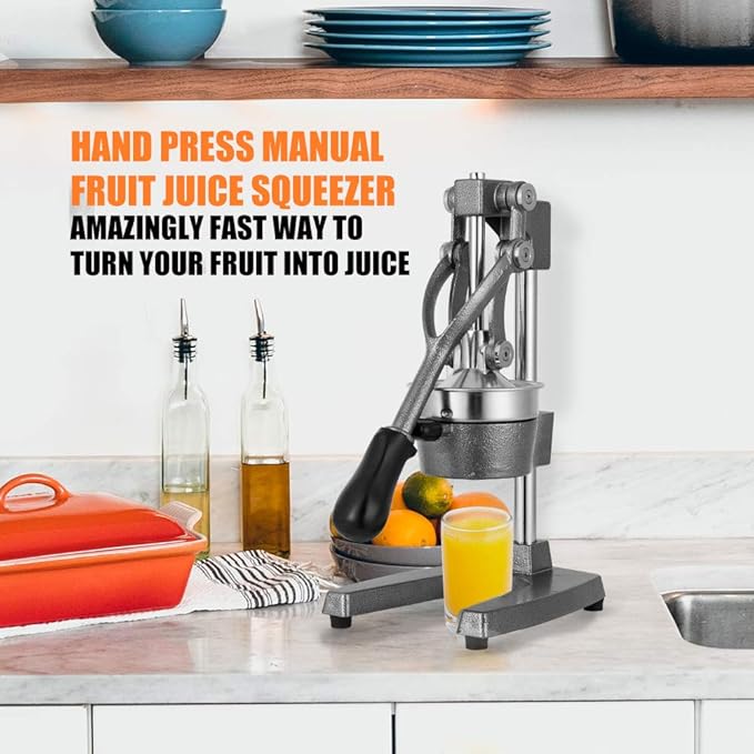 Commercial Heavy Duty Cast Iron Hand Press Manual Orange Citrus Lemon Lime Grapefruit Pomegranate Fruit Juice Squeezer Machine with Stainless Steel Cup Grey