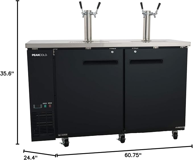 PEAKCOLD 2 Door, 4 Tap Commercial Beer Dispenser - Double Tower Keg Cooler - Kegerator; 60" W