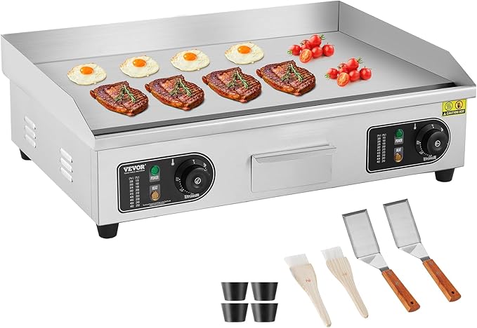 VEVOR Upgraded Commercial Electric Griddle, 2800W Stainless Steel Countertop Flat Top Grill, 26'' Griddle Grill with 2 Shovels and 2 Brushes, 122℉-572 ℉ Adjustable Temp, for Home Restaurant(No Plug)