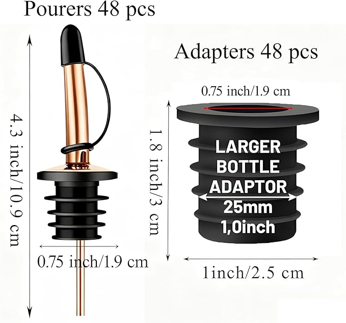 48-Pack Liquor Bottle Pourers with Adapters, Liquor Pour Spout Adapters set for for Large Oil Olive Bottles and Liquor Bottles - Up to 1 Inch/25mm Neck Converts Spout into a Large Pour Spout,Rose Gold