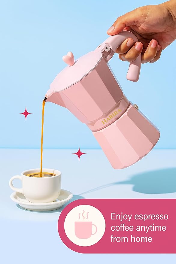 HARIRA 9 Cup Stovetop Espresso Maker Italian & Cuban Style Coffee Pot, Durable Aluminum Moka Pot with Ergonomic Handle, Rich Aromatic Brew, Pink Coffee Maker for Home or Travel