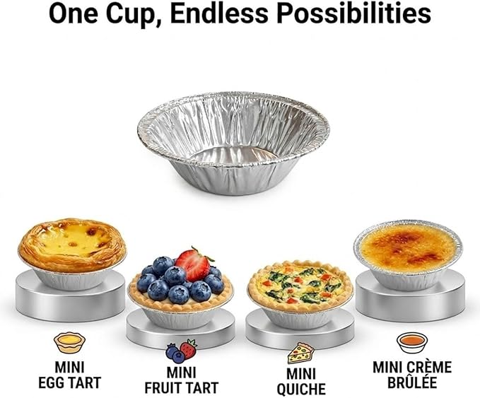 120 Pack 2.2" Mini Aluminum Foil Tart Pans, Small Disposable Pie Tins for Bite-Size Desserts, Mini Quiches & Fruit Tarts, Round Tiny Ramekins for Party, Catering, Wedding