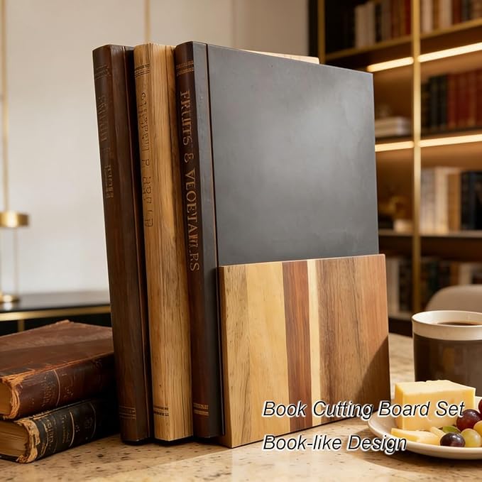 Bamboo Cutting Boards Set of 3 Book Chopping Board with Wood Storage Stand, 0.8in Serving Board Lightweight Butcher Block for Kitchen, Dishwasher safe