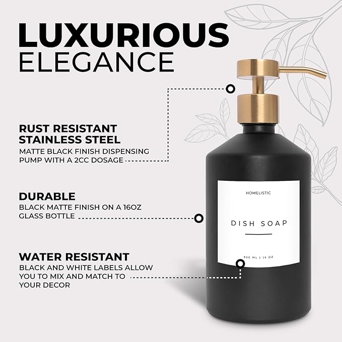 Homelistic Matte Black Glass Soap Dispenser Set with Champagne Gold Pump – 16oz Refillable Kitchen & Bathroom Soap Dispensers (2 Pack) Rust-Resistant Stainless Steel Pumps, 48 Labels