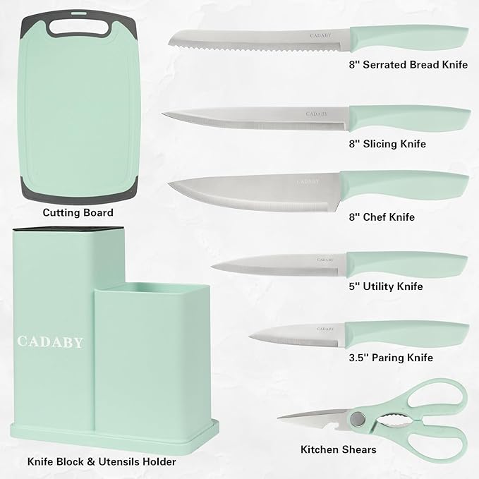 19 PCS Kitchen Cooking Utensils Set, 11 Pieces Silicone Cooking Utensils Set 6 Pieces Sharp Stainless Steel Green Knife Set with 1 Piece Cutting Board, Ideal for Apartment