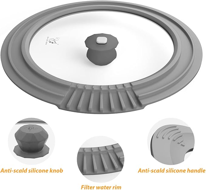 Tempered Strainer Lid for Stockpot Pot Pasta Pot Soup Pot with Heat Resistant Silicone Rim Glass Universal Pan Lids Pour Spout Water Oil Microwave Safe Fit 8-8.5-9-9.5 inch Light Grey