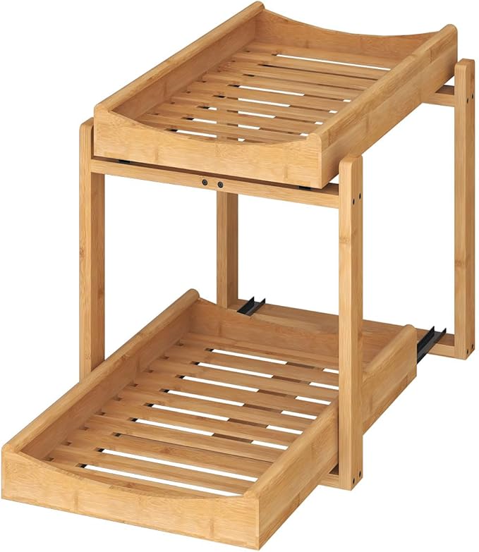 MHXW SXPN Bamboo Under Sink Organizer and Storage, Pull Out Cabinet Organization, 2 Tier Vertical Slide Out Undersink Storage Shelf, Organizer Shelves for Kitchen Bathroom Medicine (Natural, 1 Pack)