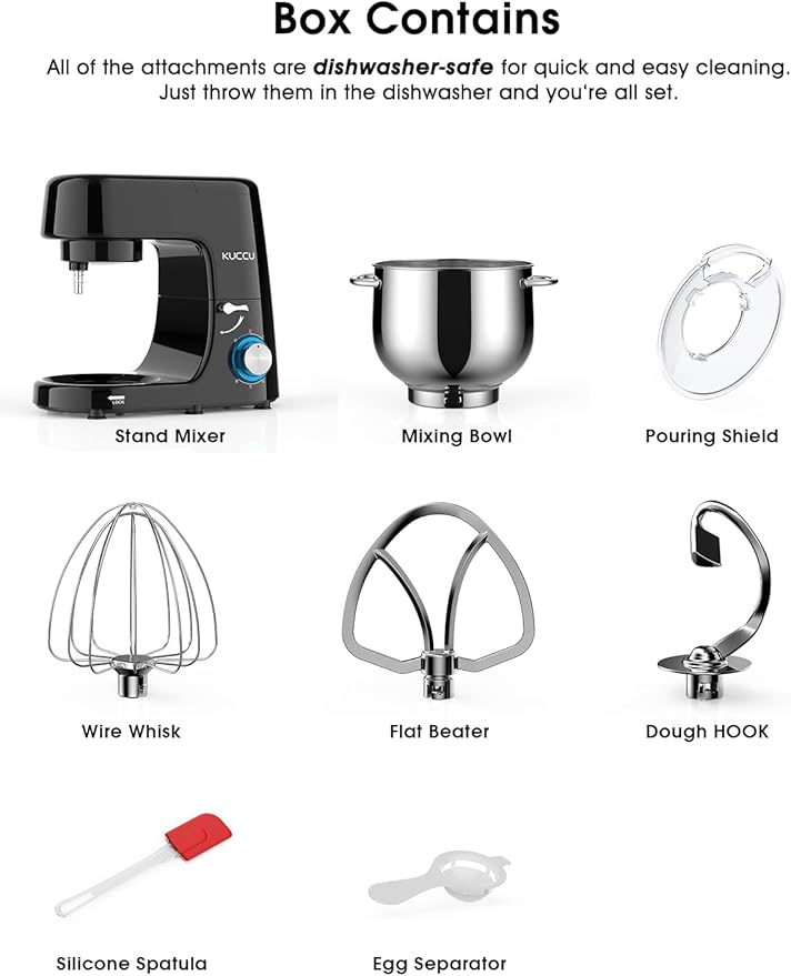 9.5 QT Double Handle KUCCU Stand Mixer, 6 Speed with Pulse Electric Kitchen Mixer, 660W Tilt-Head Food Mixer with Dishwasher-Safe Dough Hook, Flat Beater, Whisk, Splash Guard for home baking (Black)