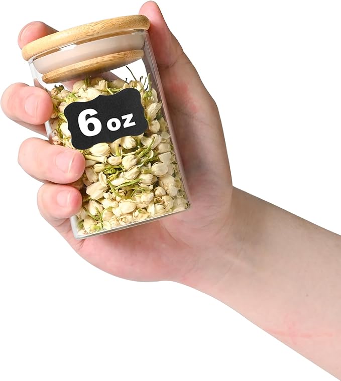 SHOWIN 6oz Glass Food Storage Jars, Glass Jars with Bamboo Lids, Kitchen Storage Jars, Set of 6, Canisters with Airtight Lids for Spice, Coffee, Cookie, Pantry Organizers