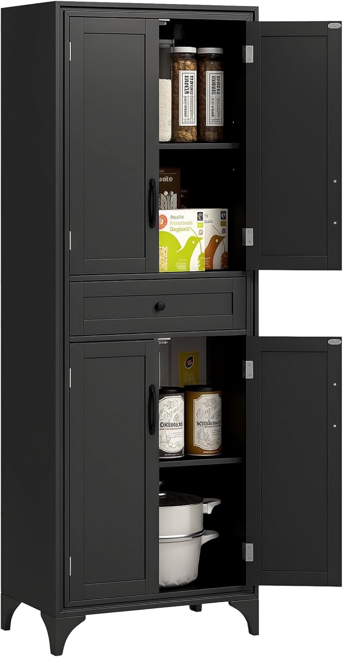 HOMCOM 67" Tall Freestanding Kitchen Pantry Cabinet, 4-Door Storage Cabinet with Drawer and Adjustable Shelves for Dining Room, Black