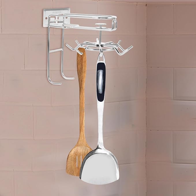 Homoyoyo Stainless Steel 8-Claw Rotatable Kitchen Utensil Hooks Nail-Free Wall-Mounted Utensil Hanger for Cabinet Storage and Hanging Kitchen Supplies Random Style