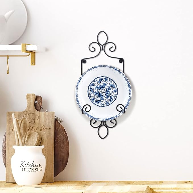 MyGift Wall-Mounted Vertical Single Plate Holder Rack with Vintage Black Metal Decorative Scrollwork Design, Holds Plates Up To 8 Inches