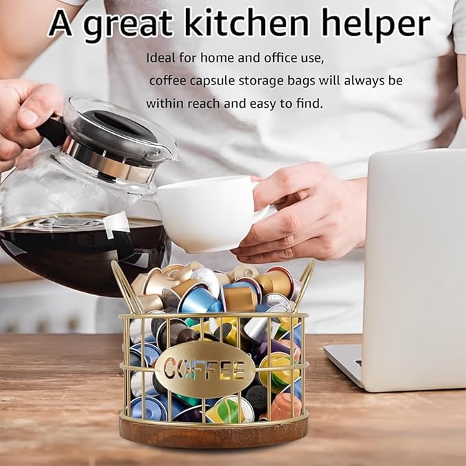 Coffee Pods Holder for Countertop, K Cup Holder Organizer, Sturdy Kcup Storage Basket with Wooden Base , Pod Container For Kitchen Bar Counter Office Desktop (Gold)
