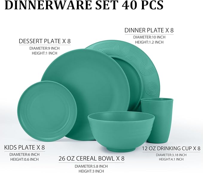 Wheat Straw Dinnerware Sets 40 PCS Unbreakable Dishes Set for Kitchen, Outdoor, Camping Dishes Plates and Bowls Sets with Cups, Dessert Plates, Dishwasher & Microwave Safe - Green