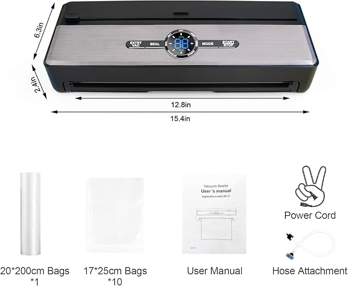 Automatic Vacuum Sealer Machine for Food, 9-IN-1 with Cutter, Bag Storage, Moist & Dry & Liquid & Soft, External VAC for Jars and Containers, 85kPa with Starter Kits -1*Bag Roll&10*Bags