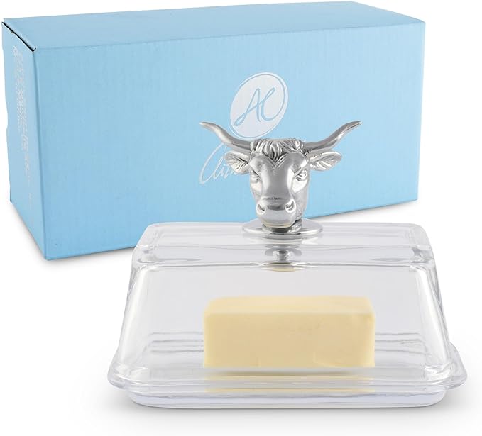 Arthur Court Glass Butter Dish with Lid Cow Head Knob | Classic 2-Piece Design Covered Butter Keeper | Covers and Holds a Standard Stick of Butter | Farmhouse Chic Décor