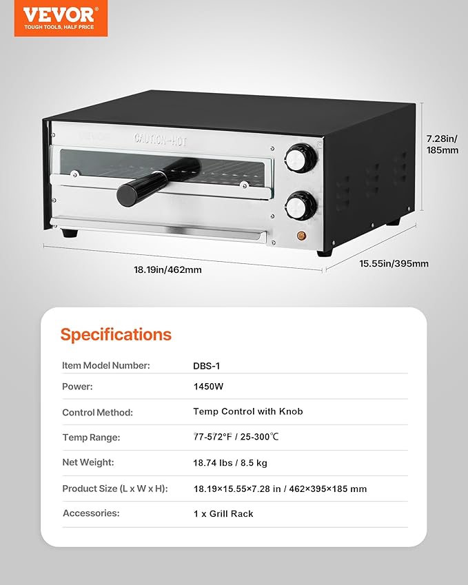VEVOR Electric Pizza Oven, 12-inch Countertops Pizza Ovens, 572°F Max Temp, 1450W Indoor Pizzas Maker w/Timing & Temp Control, Pizza Cooker w/Dual Heat Tube, Crumb Tray, for Diner and Home Kitchen