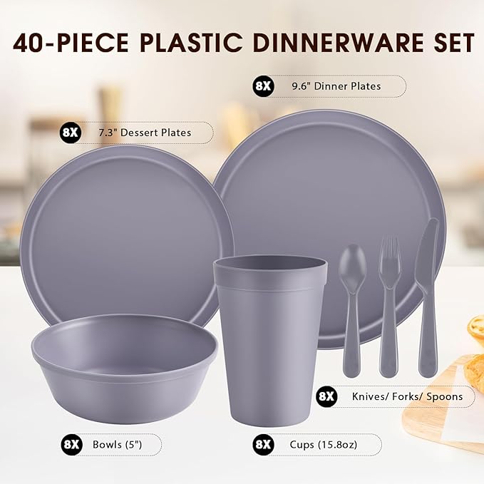 40 Piece Plastic Dinnerware Set for 8 with Cutlery, Unbreakable Plates and Bowls Set, Dishwasher & Microwave Safe Reusable Dish Set for Camping, RV, Outdoor Kitchen, Apartment Dining, Gray