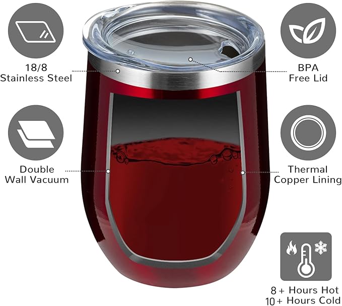MEWAY Stemless 12oz Wine Tumbler Glasses with Lid -Insulated Double Wall Vacuum Stainless Steel Travel Tumbler with Straw,for Woman Under 10 dollars (Burgundy,1)