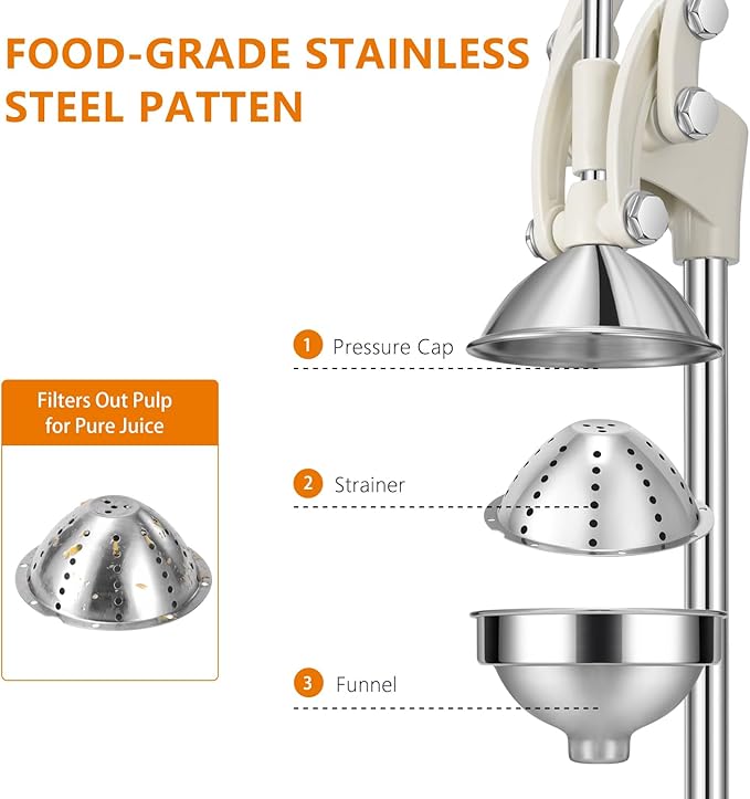 TONGCHANT Cast Iron Juicer, 19" Tall Heavy Duty Citrus Press with Dual Pattern | Manual Juicer for Orange Lemon Pomegranate, Easy to Clean, Stainless Steel Cup, White