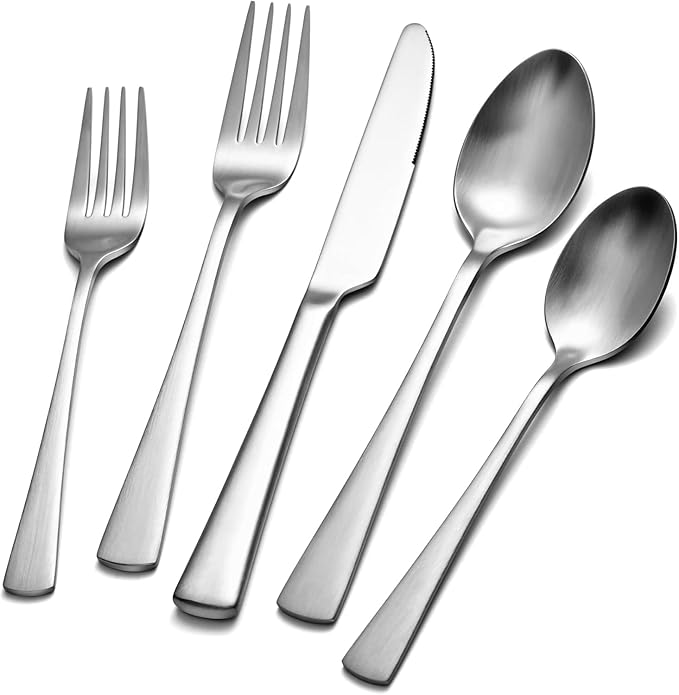 KINGSTONE Silverware Set for 12, 60-Piece 18/10 Stainless Steel Flatware Set, Forged Cutlery Set Matte Satin Finish for Home, Restaurant, Wedding, Party,Gift, Dishwasher Safe