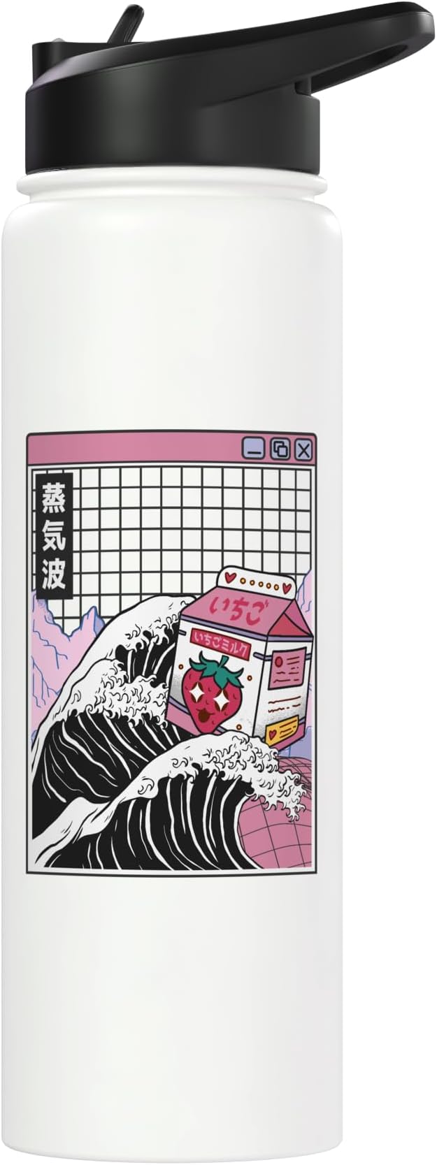 Strawberry Milk Carton Great Wave Kawaii Vaporwave Anime Stainless Steel Insulated Water Bottle