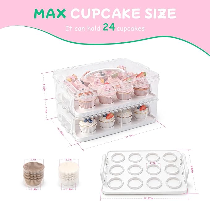 Cupcake Carrier, Cupcake Holder With Lid And Handles, 2-Layer Cupcakes Containers, 24 count Reusable Cupcake Box, Cupcake transport container With Portable Insulated Bag and 200Pcs Cupcake Liners