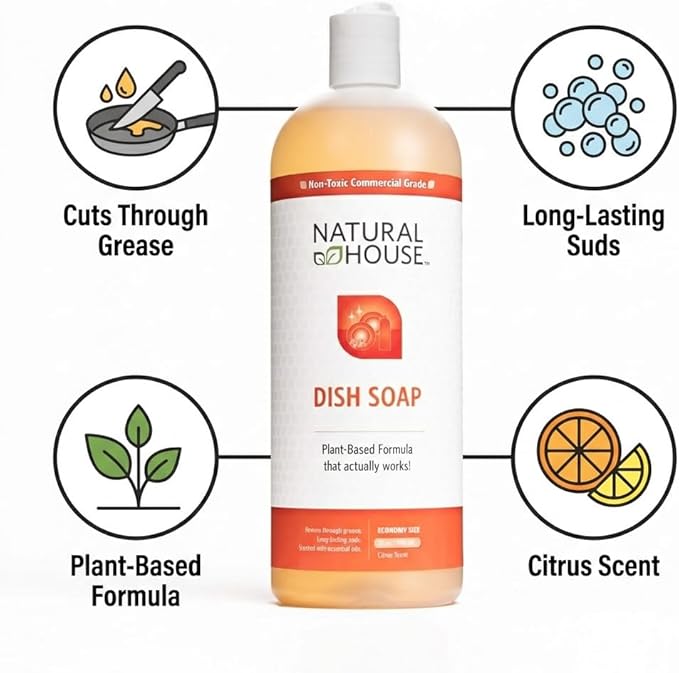 Enzyme Hand Dish Soap - Natural House Scrubby - Probiotic Formula Cuts Grease, Gentle on Hands - Plant-Based, Septic Safe - Sensitive Skin Friendly - Citrus Scent - 32 oz