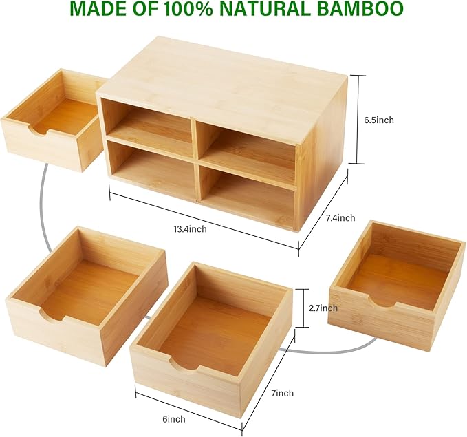 Charmewooden Bamboo Desk Organizer With Drawers Countertop Drawers Counter Storage Box Corner Desk Organizer for Home Office No Assembly Required (4 Drawers)