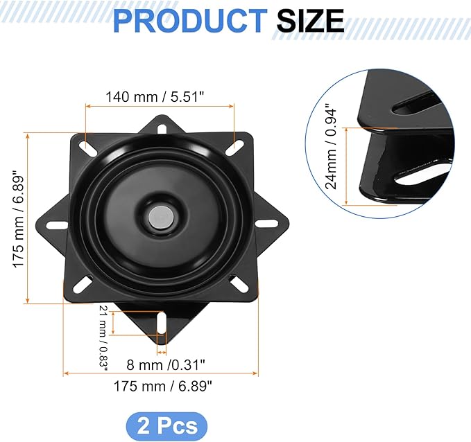 uxcell 2Pcs 7" Bar Stool Swivel Replacement, 360° Rotation Lazy Susan Turntable, Square Ball Bearing Seat Swivel Base Mount Plate for Recliner Chair or Table, Black (175x2mm)