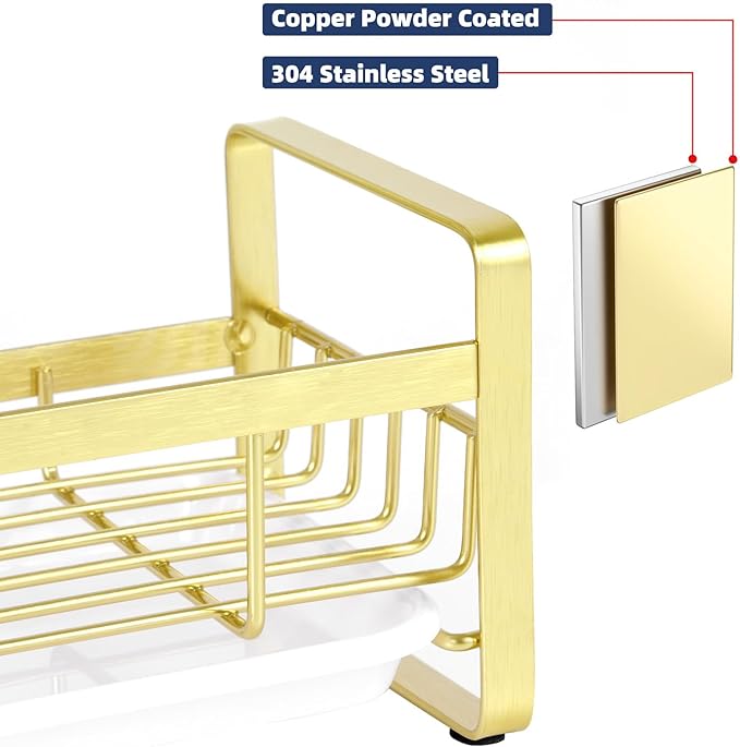 HULISEN Kitchen Sink Sponge Holder, 304 Stainless Steel Kitchen Soap Dispenser Organizer, Countertop Drainer with Removable Tray, not Including Dispenser and Brush, Gold