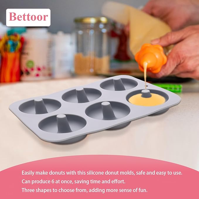 3 Pack Silicone Donut Pan, Non-stick Doughnut Molds for Baking, 6 Cavity Donut Maker Muffin Cupcake Bagel Making Tray (Gray, Pink, Blue)