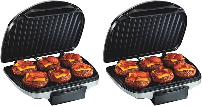 Hamilton Beach Electric Indoor Grill,6-Serving,Large 90 sq. in. Nonstick Easy Clean Plates,Floating Hinge for Thicker Foods,1200 Watts,6.38"D x 12.68"W x 13.78"H,Silver (25371),(Pack of 2)