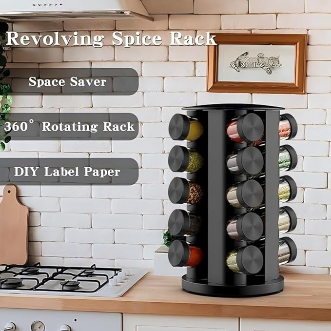 Rotating Spice Rack Organizer for Cabinet, Spice Racks Storage with 20 Jars, Spinning Spice rack for Kitchen Countertop, Spice Holder,Seasoing Storage Racks, Black