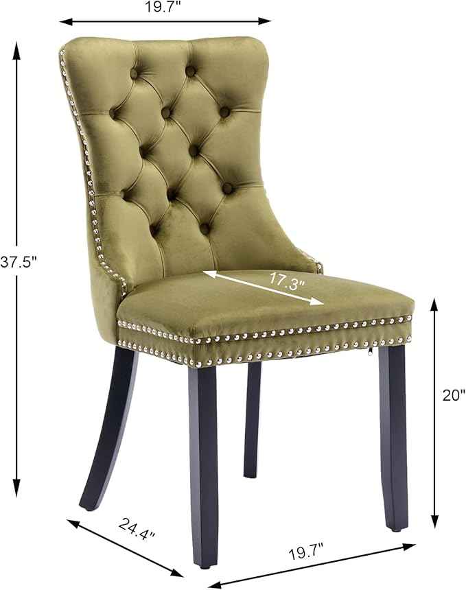 Velvet Dining Chairs Set of 6, Upholstered Dining Room Chairs with Back Ring Pull Trim and Solid Wood Legs,Tufted Wingback Kitchen Chairs for Dining Room,Living Room,Kitchen(Olive Green)