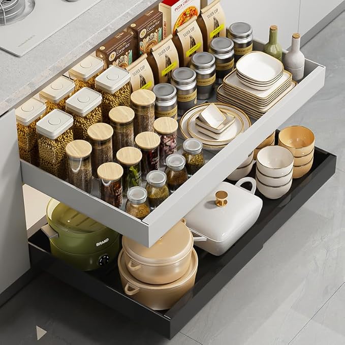 SunnyPoint Pull-Out Cabinet Organizer Expandable Drawer Shelf (BLACK)